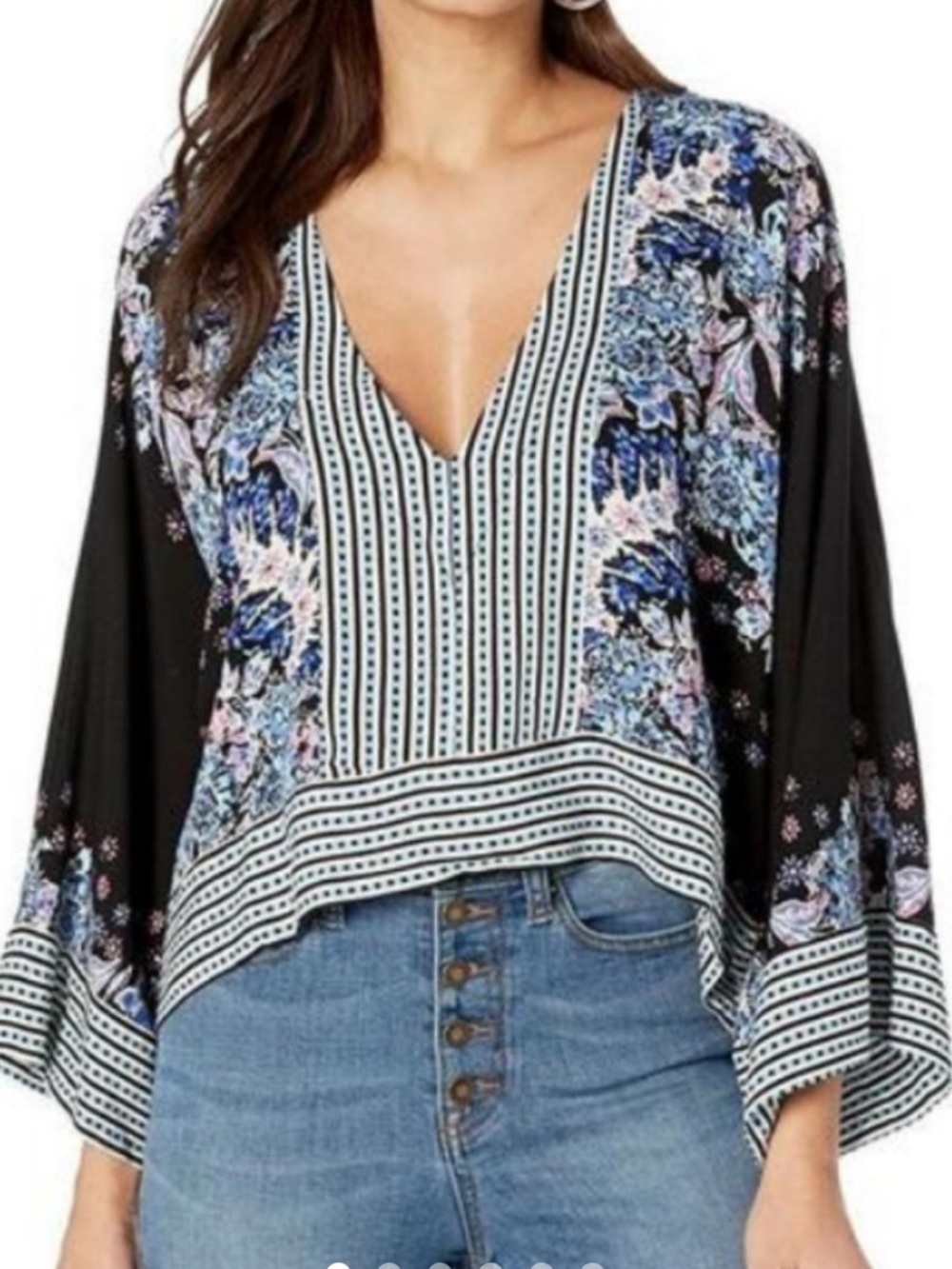 Free People Mixed Print Boho Blouse Bell Sleeve Top Size S - Picture 1 of 12